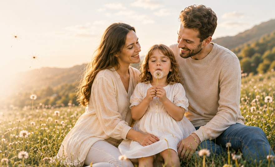 Familia unida en un campo de dientes de león